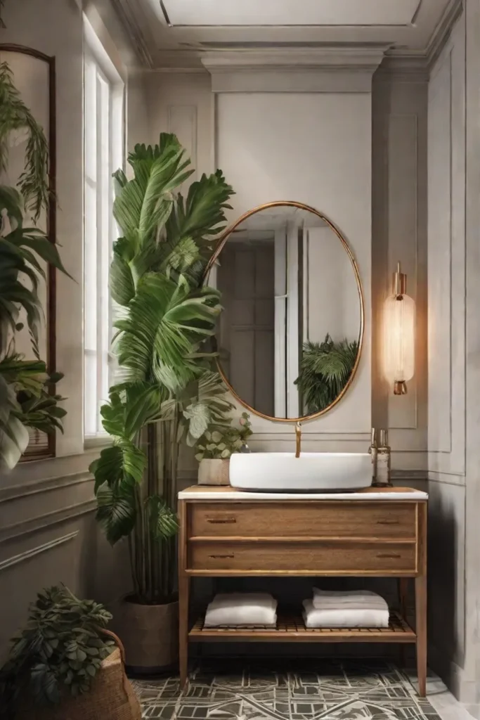 A serene bathroom featuring botanical prints on the walls surrounded by potted