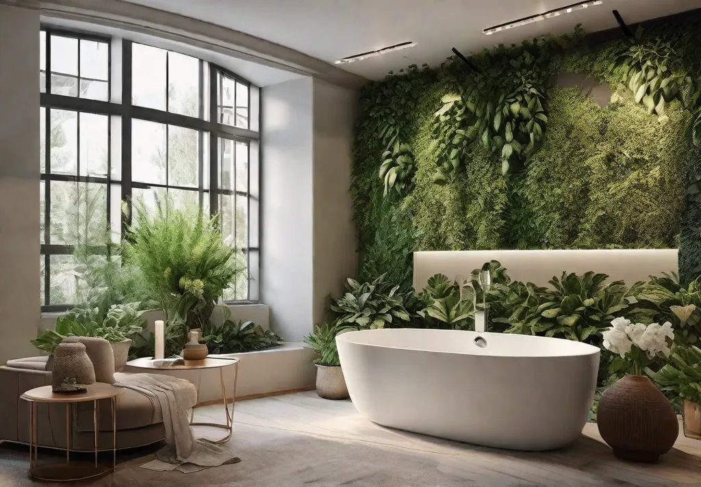 A serene bathroom featuring botanical prints on the walls surrounded by pottedfeat