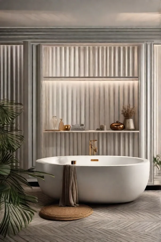 A serene bathroom featuring silktextured wallpaper with a subtle sheen highlighting the