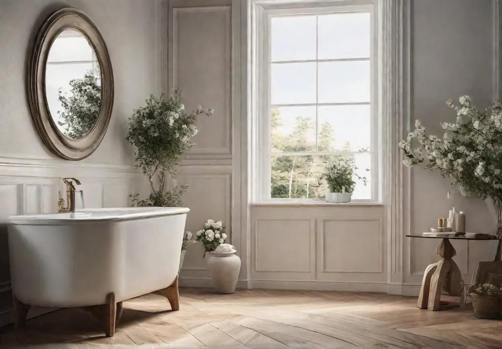 A serene bathroom featuring silktextured wallpaper with a subtle sheen highlighting thefeat