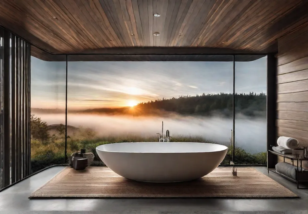 A serene landscape painted mural on a bathroom wall featuring a sunrisefeat
