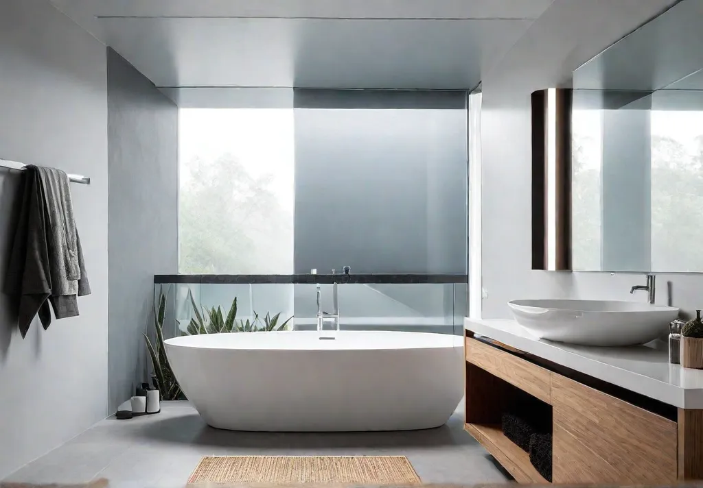 A serene minimalist bathroom with clean lines neutral tones and a sleekfeat