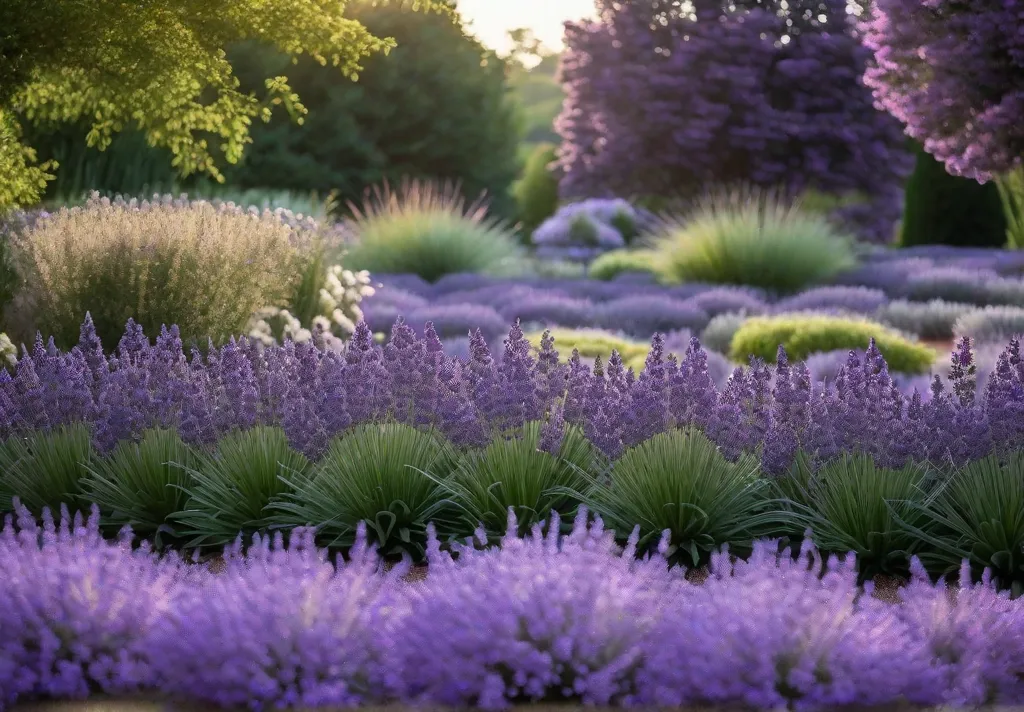 A serene monochromatic garden bathed in shades of lavender with various speciesfeat