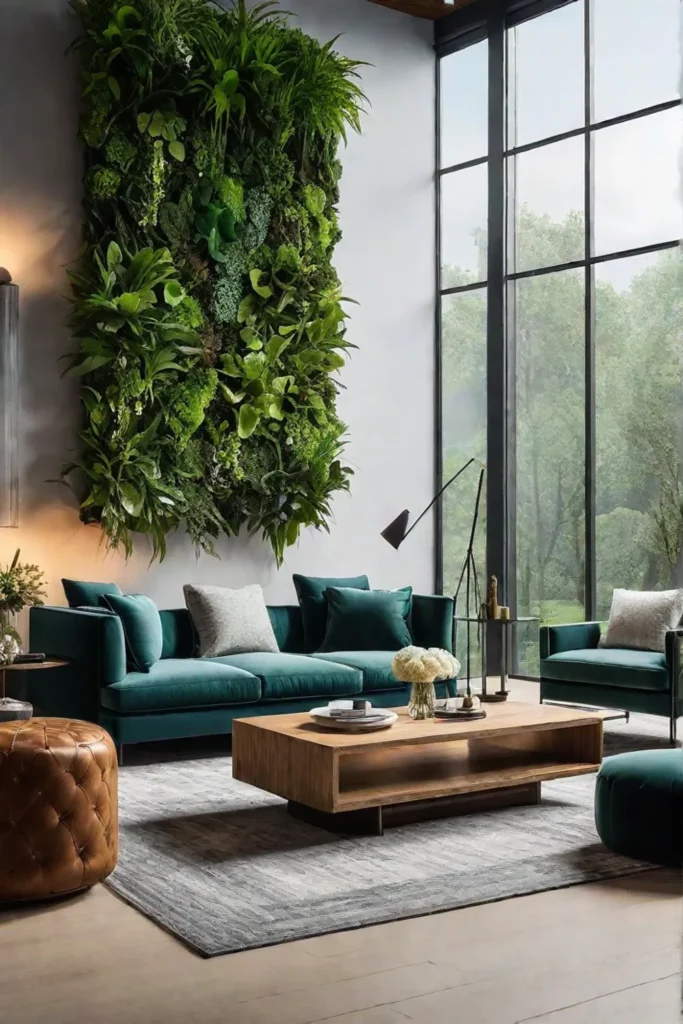 A serene natureinspired living room with a feature wall covered in verdant
