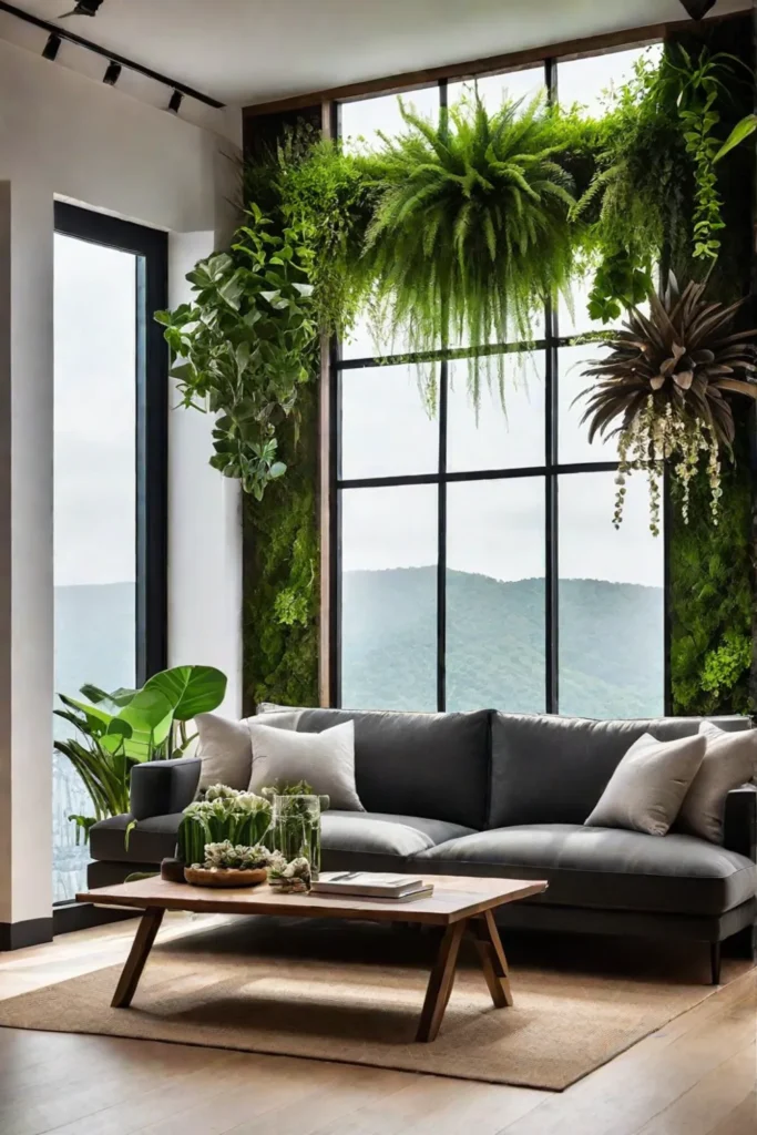 A serene natureinspired living room with a stunning floortoceiling vertical garden that