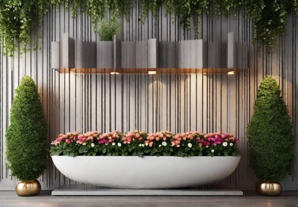 A serene vertical garden space with lush hanging baskets overflowing with vibrantfeat