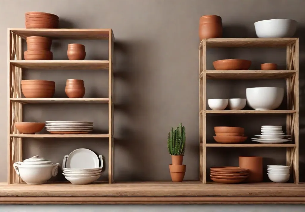 A set of rustic wooden open shelves laden with a mix offeat