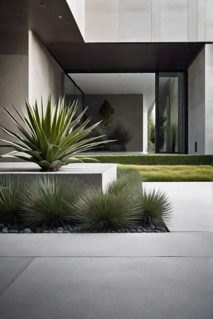 A sleek modern minimalist garden with clean lines featuring a monochromatic scheme_resized
