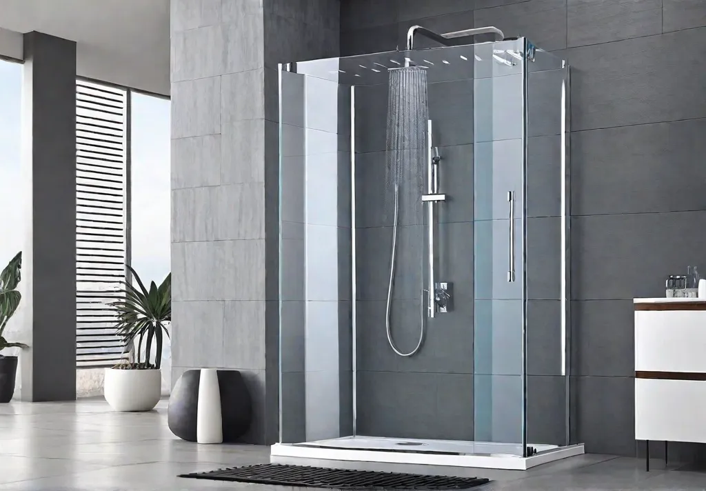 A sleek modern shower with advanced features like temperature control rainfall showerheadfeat
