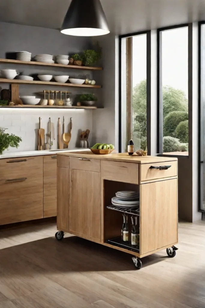A small chic mobile kitchen island in a light wood finish equipped