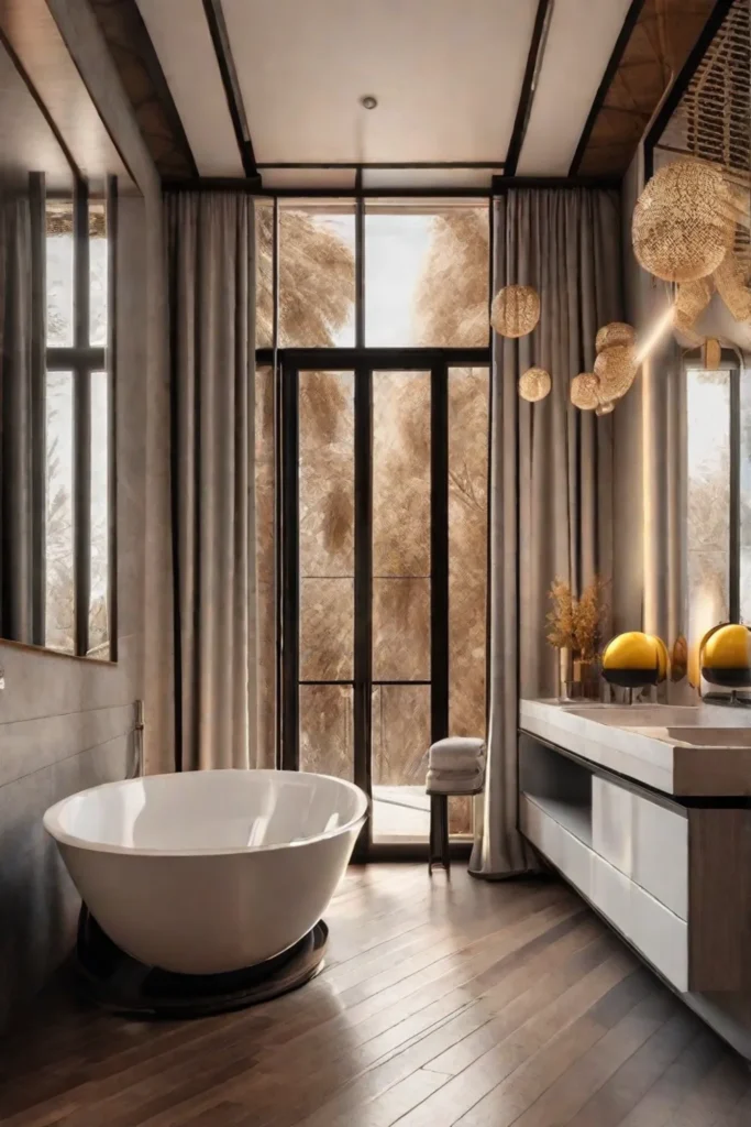 A snapshot of a luxurious bathroom showcasing a rotating art display with