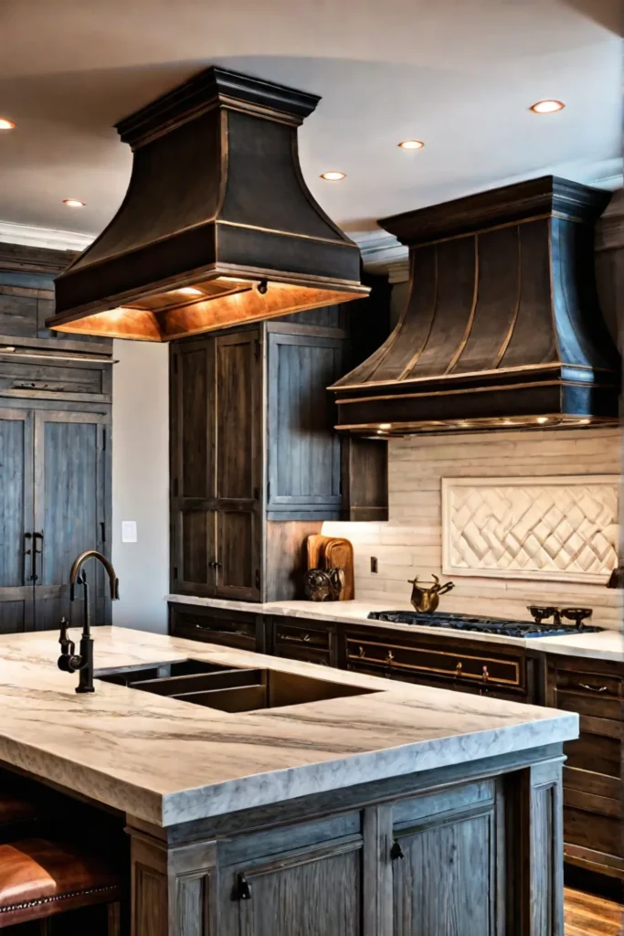A striking rustic kitchen with a stunning reclaimed wood range hood and