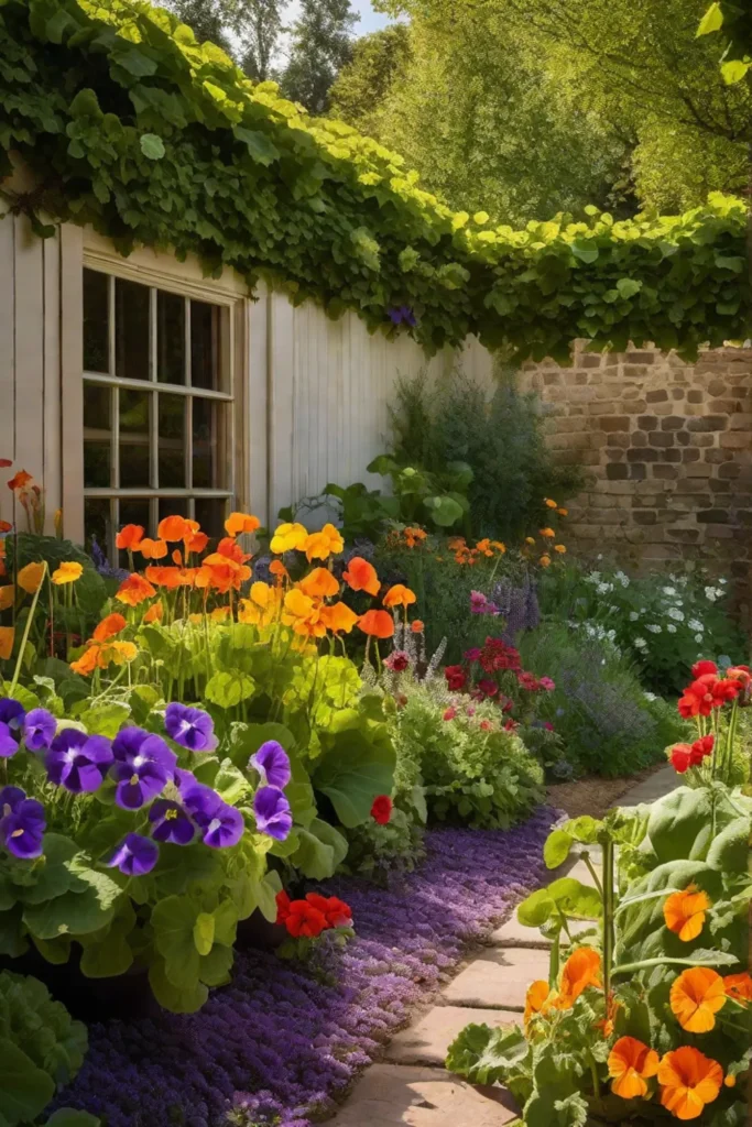 A sunlit corner of an edible flower garden with nasturtiums violas and_resized