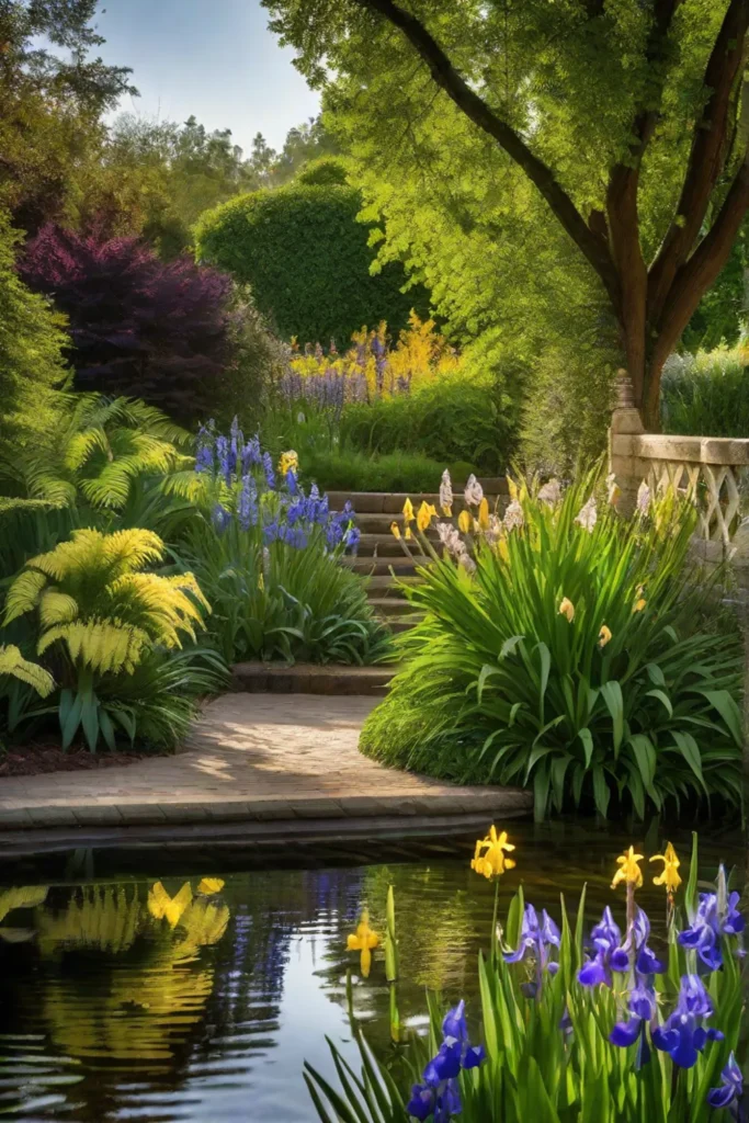 A tranquil pond edged with lush ferns and waterloving irises reflecting the_resized