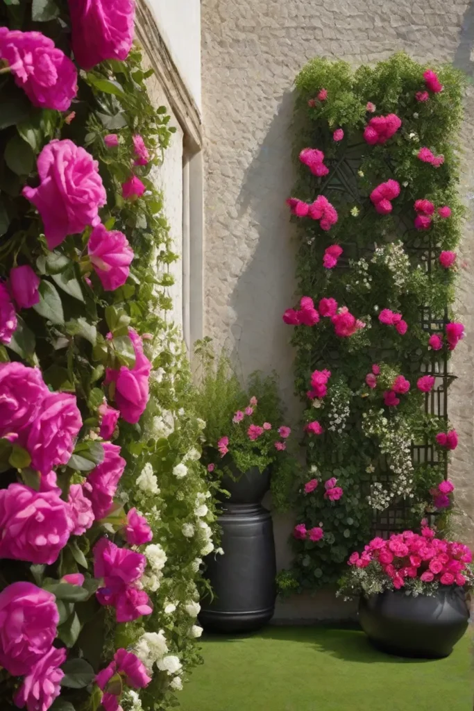 A vertical garden on a sunny wall adorned with climbing roses and_resized