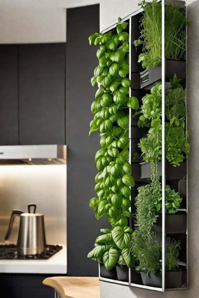 A vertical wallmounted herb garden in the kitchen featuring small pots of