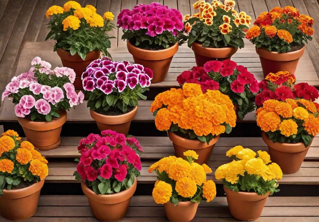 A vibrant array of marigolds and petunias in terracotta pots basking infeat