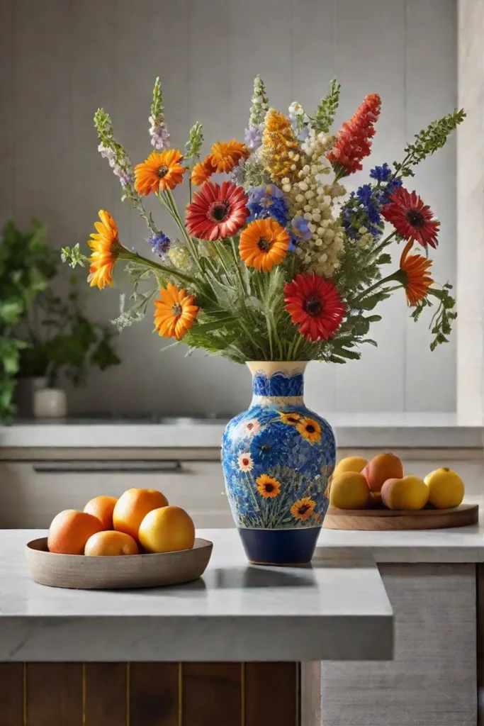 A vibrant handpainted ceramic vase holding a bouquet of wildflowers positioned on