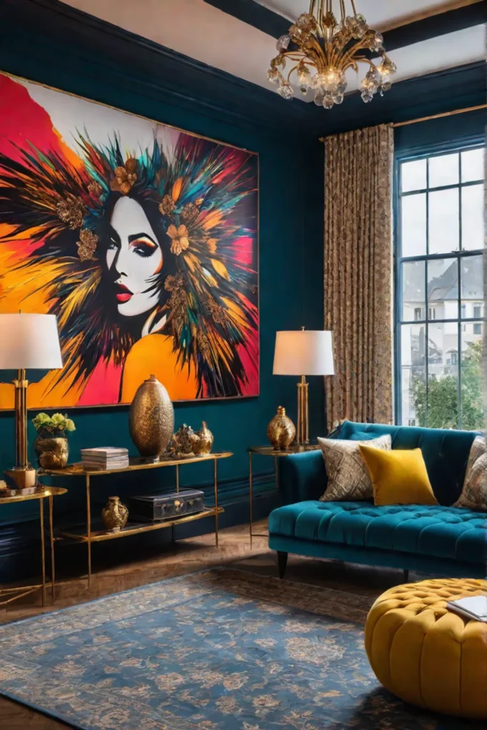 A vibrant maximalist living room with a statementmaking abstract artwork as the