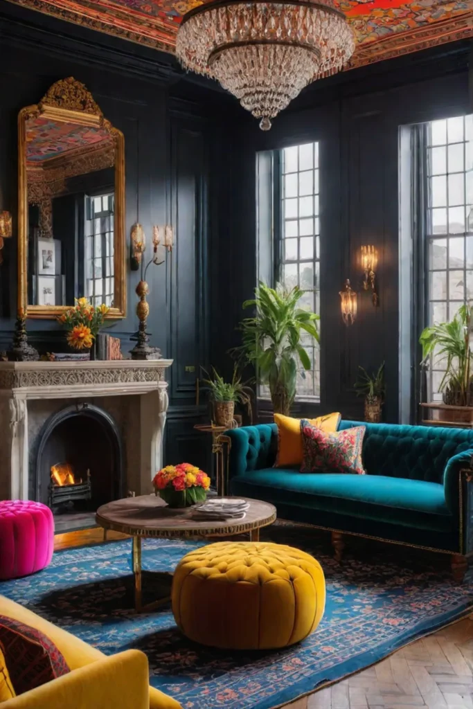A vibrant maximalist living room with a statementmaking patterned rug colorful throw