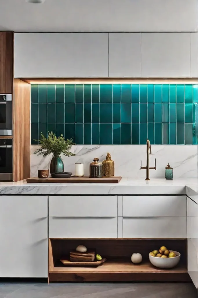 A vibrant teal kitchen backsplash providing a striking contrast to minimalist white