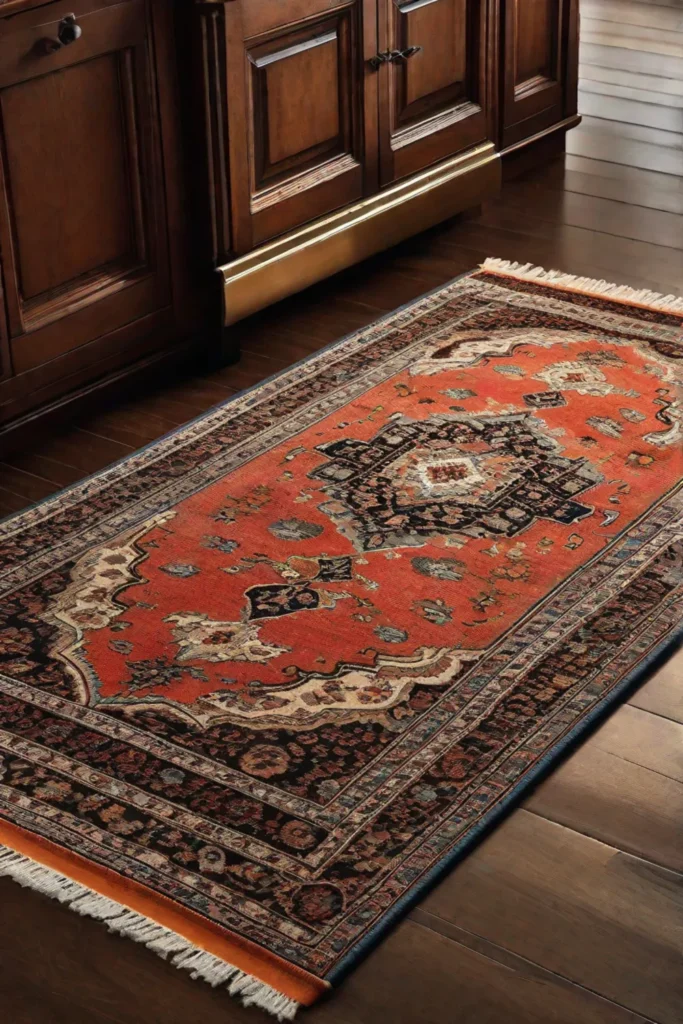 A vintage Persianstyle runner rug laying on a kitchen floor adding warmth