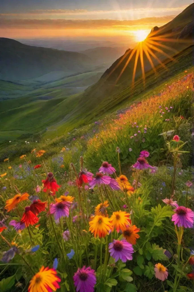 A vivid wildflower meadow at sunrise with dew on petals and an_resized
