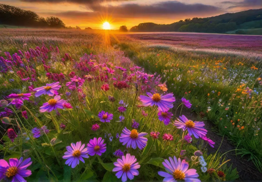 A vivid wildflower meadow at sunrise with dew on petals and anfeat
