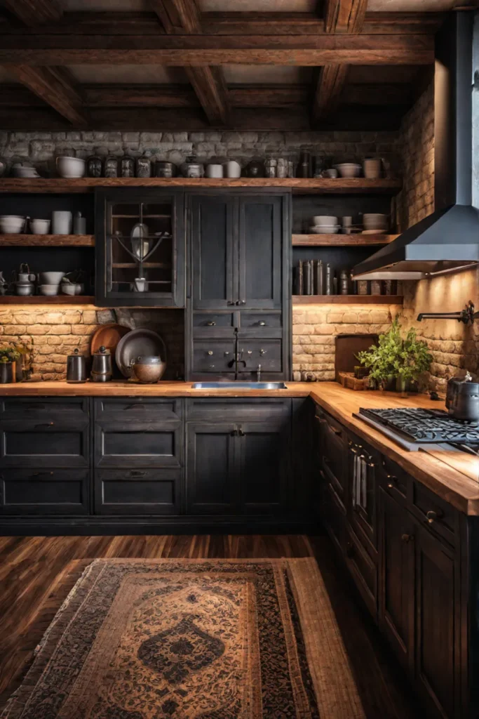A warm and inviting rustic kitchen featuring handcrafted wood cabinets open shelving