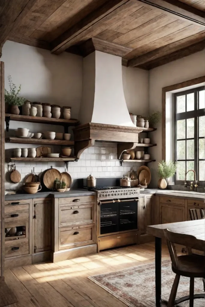 A warm and inviting rustic kitchen featuring handpainted cabinets open shelving with