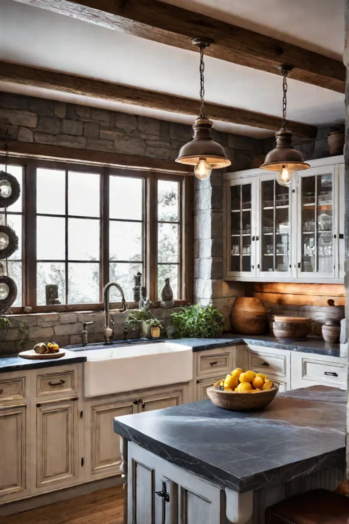 A warm and inviting rustic kitchen with handpainted cabinets natural stone countertops