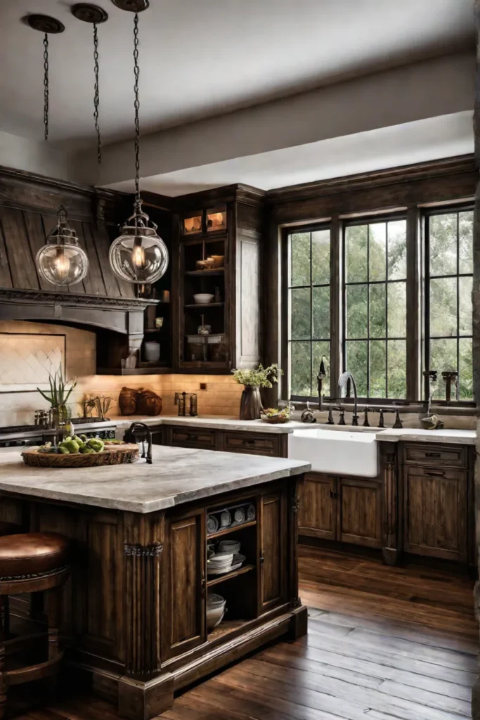 A warm and welcoming rustic kitchen with a blend of distressed wood