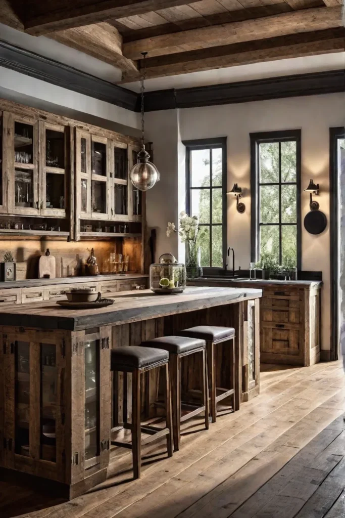 A warm inviting kitchen with a combination of weathered reclaimed wood cabinets
