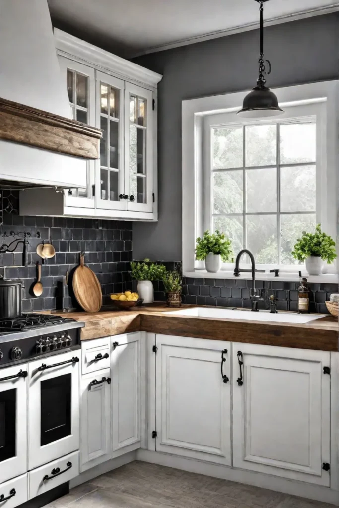 A warm inviting kitchen with custompainted wooden cabinets featuring intricate designs and