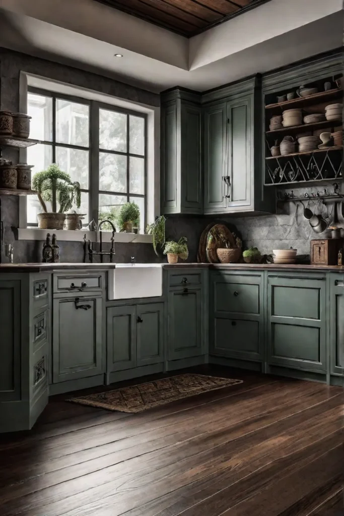 A warm inviting kitchen with custompainted wooden cabinets featuring intricate designs paired