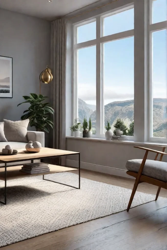 A welldesigned Scandinavian living room with large windows plush seating and minimal