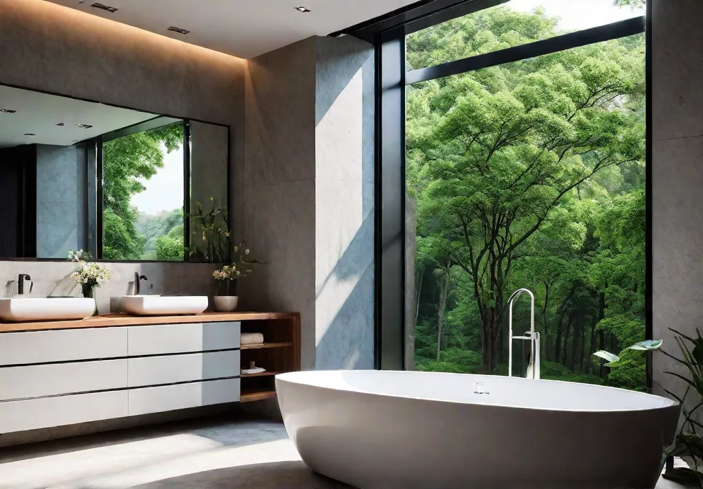 A welldesigned bathroom with natural stone countertops wooden accents and a largefeat