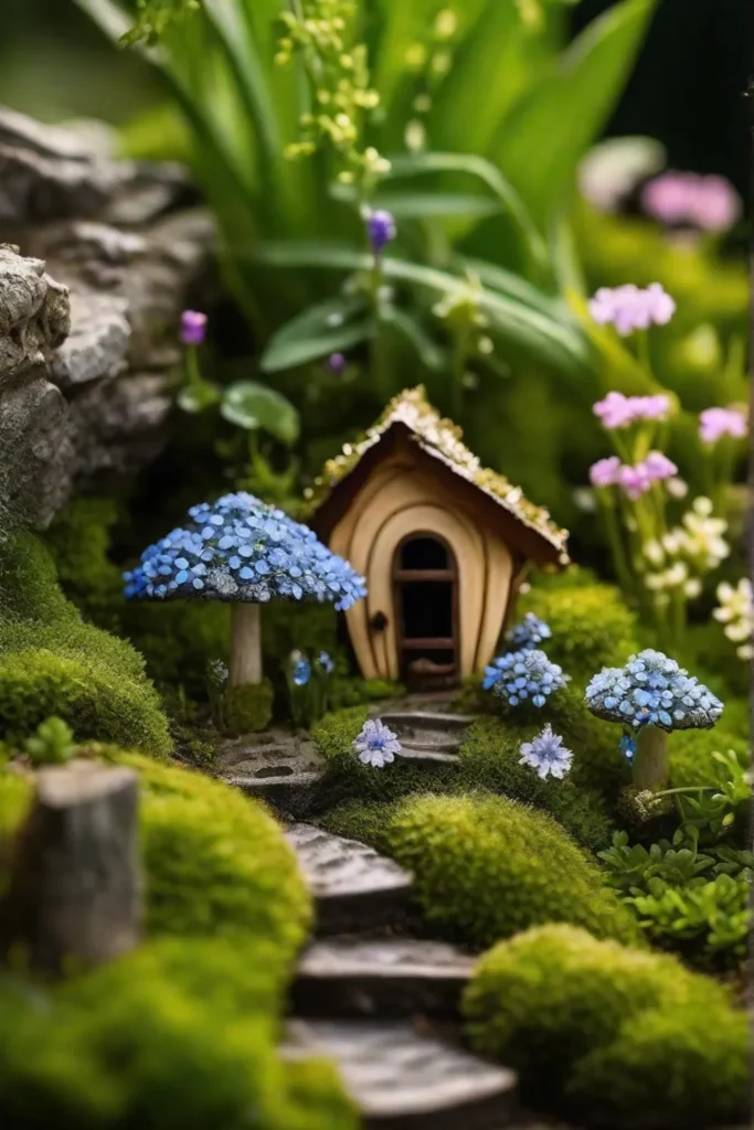 A whimsical fairythemed garden dotted with tiny fairy houses nestled among mosses_resized
