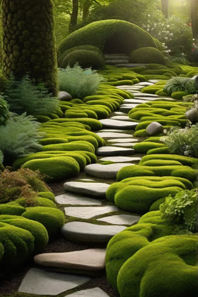 A whimsical garden path made of stepping stones surrounded by moss and_resized
