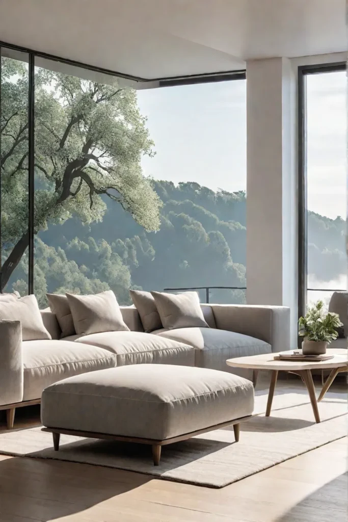 Airy Scandinavian living room with neutral colors Lshaped sofa and nature view