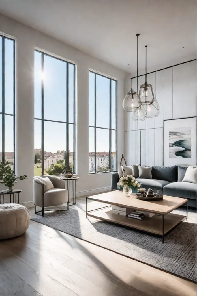 Airy Scandinavian living room with neutral colors minimalist coffee table and large