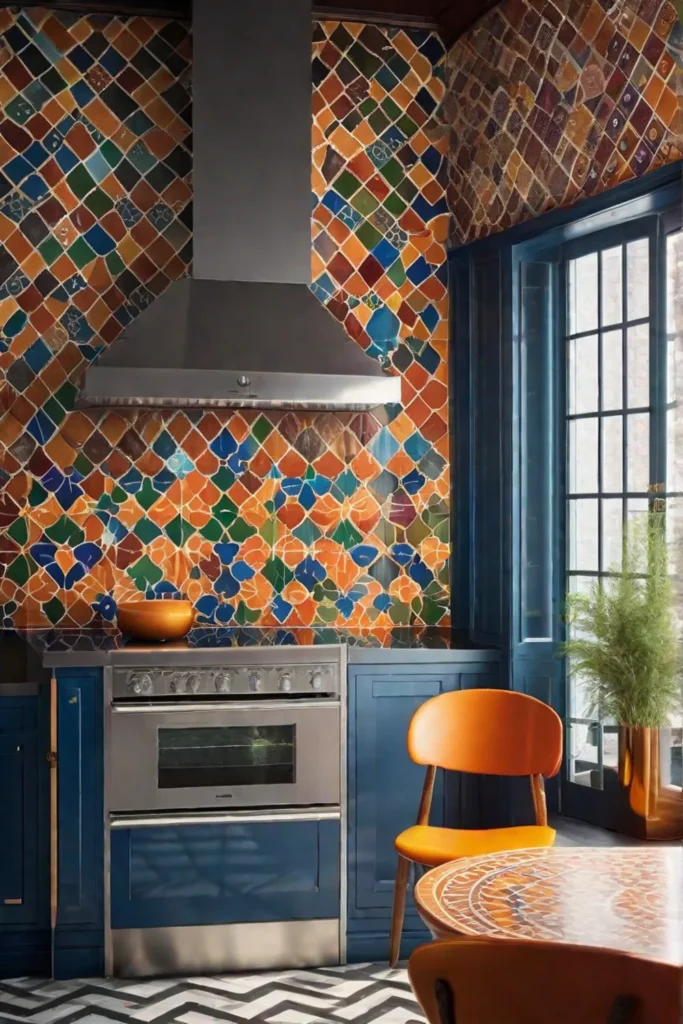 An accent wall adorned with colorful Moroccan tiles bringing vibrant patterns and