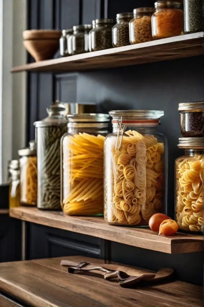 An elegant glass jar filled with colorful assorted pasta placed on an