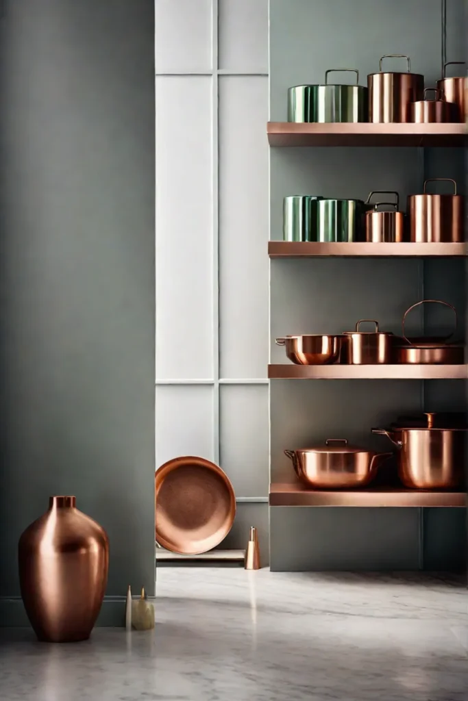 An elegant marble open shelving unit displaying a collection of copper cookware