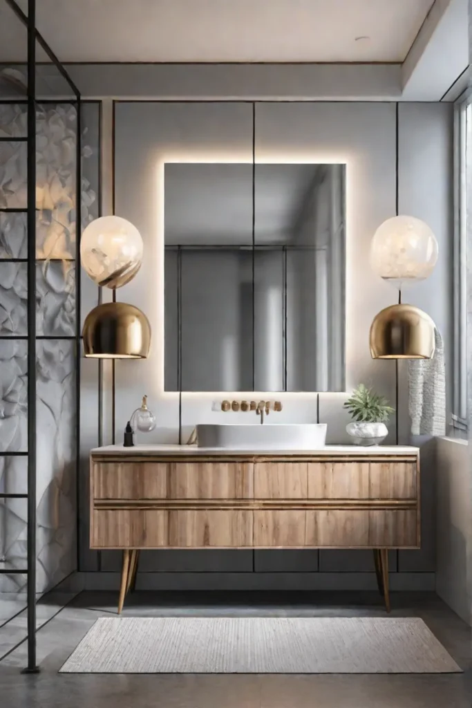 An image of a sleek modern bathroom with abstract metal wall art
