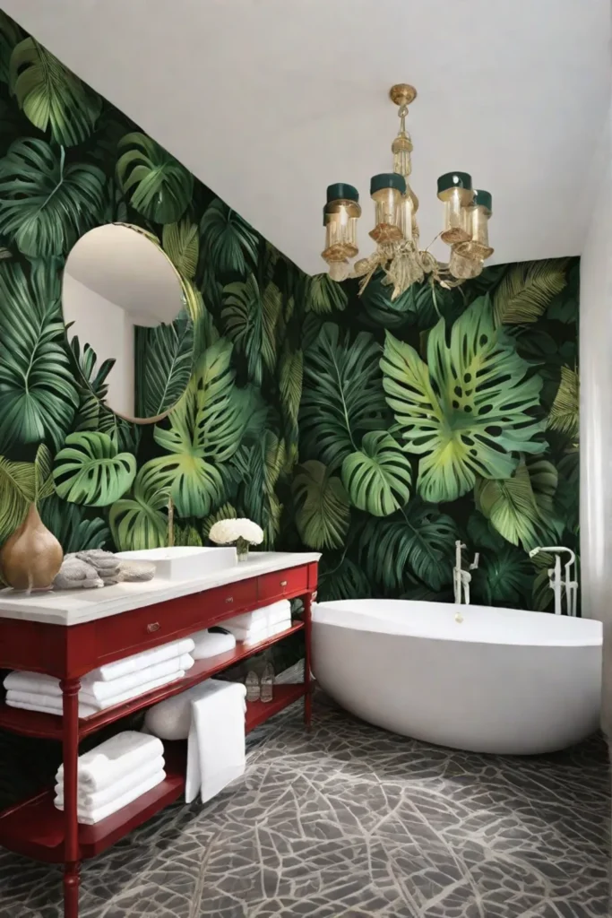 Bold tropicalthemed wallpaper engulfing a bathroom featuring vivid colors and large leaf