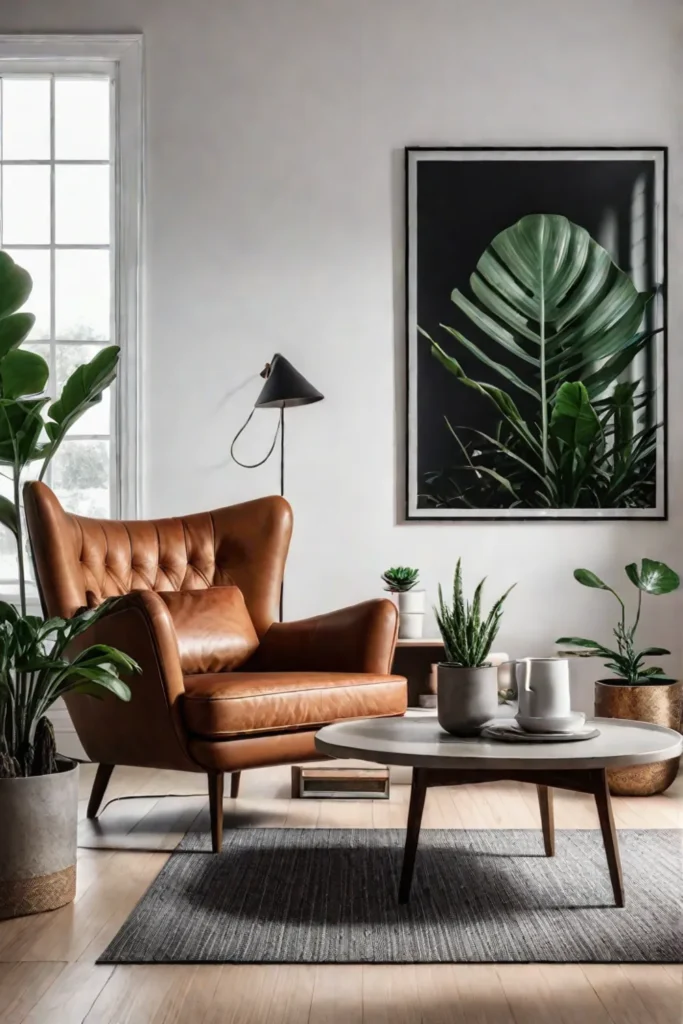 Bright Scandinavian living room with leather chair minimalist table and indoor plant