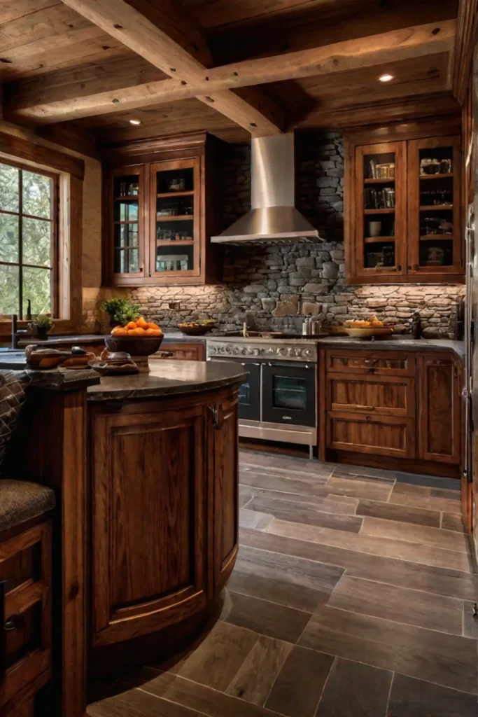 Charming rustic kitchen with custom cherry wood cabinets a stone backsplash and