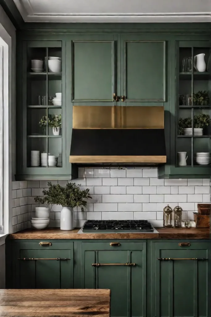 Charming rustic kitchen with muted green cabinets brass hardware and a cozy