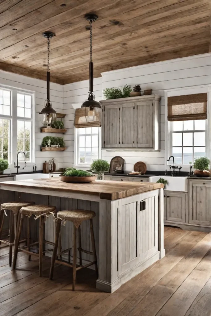 Charming rustic kitchen with whitewashed pine cabinets shiplap walls and a cozy